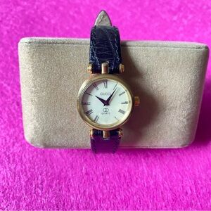 Gucci Vintage Gold Case with Black Leather Strap Watch